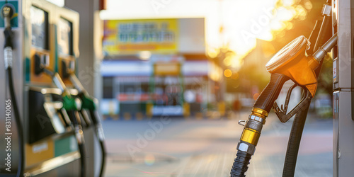 Closeup fuel nozzle with blurred outdoor gas station background with copy space