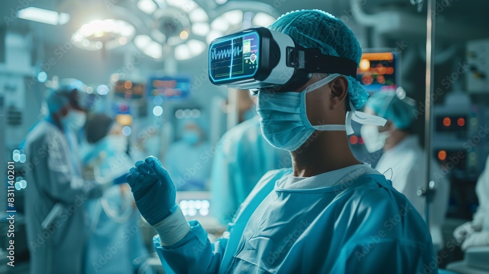 Healthcare Innovation: a scene of a doctor using augmented reality for surgery planning, surrounded by futuristic medical equipment and digital interfaces. Healthcare Innovation: a scene of a doctor using augmented reality for surgery planning, surrounded by futuristic medical equipment and digital interfaces.
