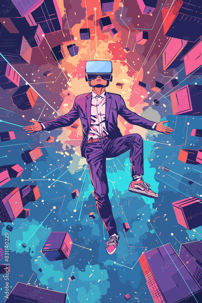Businessman Wearing VR Headset Jumping into Metaverse Virtual Online World