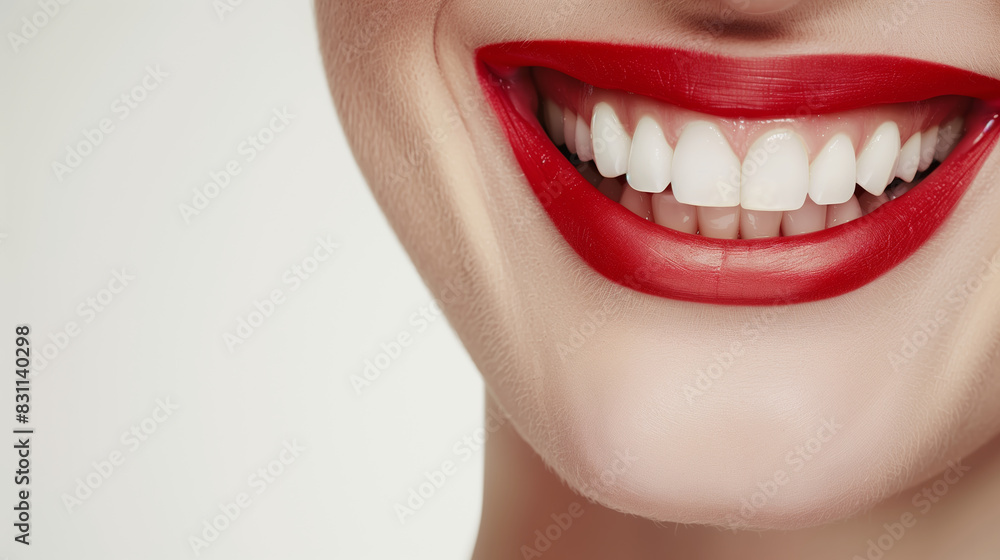 Close-up of a bright smile with red lipstick against a white background Close-up of a bright smile with red lipstick against a white background