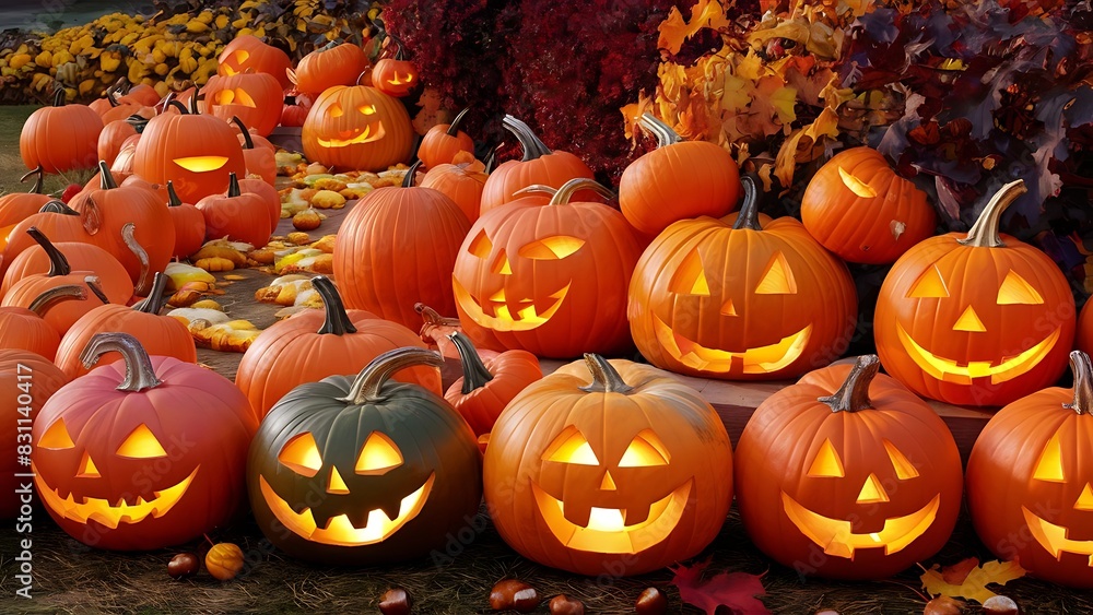 Fototapeta premium Pumpkins in honor of the celebration of autumn and halloween festival of vegetables