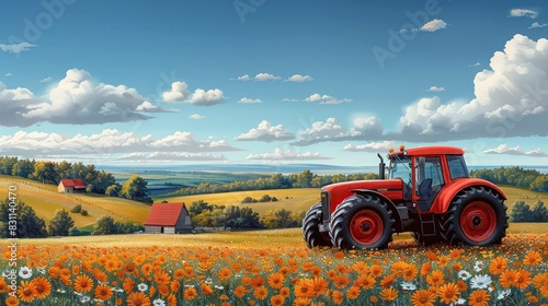 Agriculture, nature and farming. Summer. The red tractor pulls the plow behind it, field, trees and farm vector illustrations for poster, background. Poster. Vector art style, vector design procreate. photo
