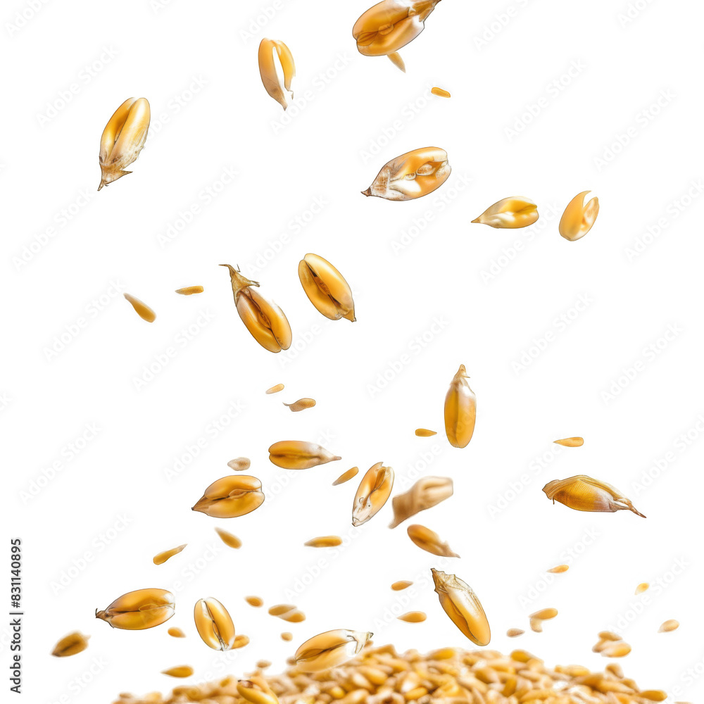 9 Flying corn seeds on white background 9 Flying corn seeds on white background
