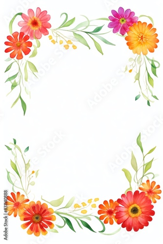 Watercolor floral frame with vibrant flowers and leaves, perfect for invitations, greeting cards, and artistic projects.