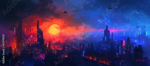 A futuristic cityscape at night, with glowing buildings and skyscrapers lit with neon lights, in the style of fantasy art. A digital painting of a fantasy illustration