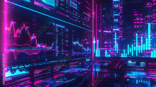 Neon-lit digital trading interface with charts and data visualizations