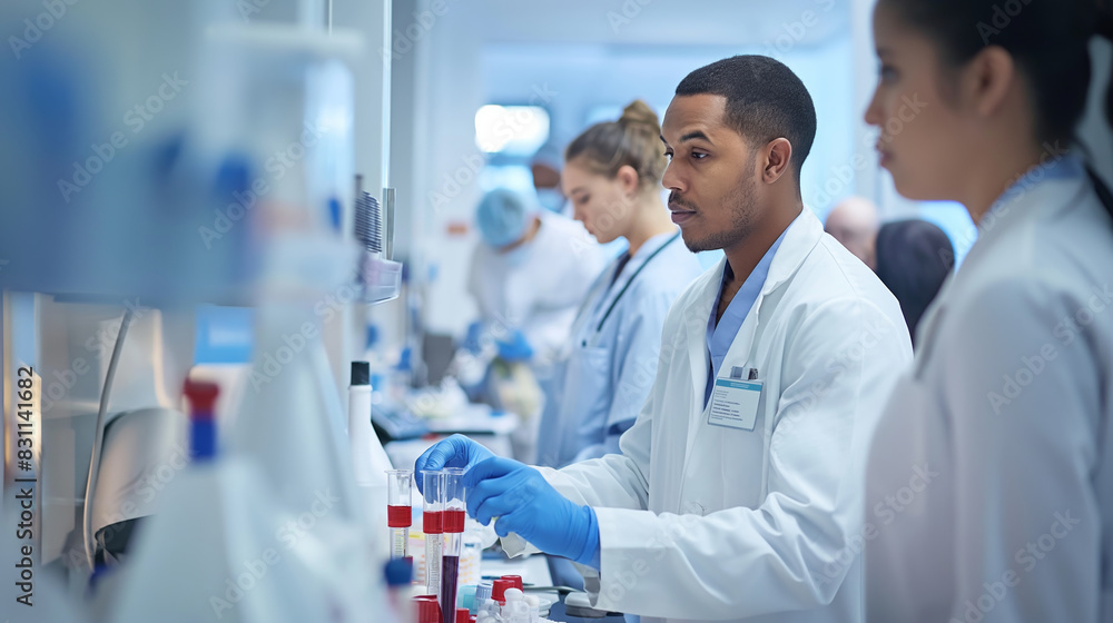 Medical professionals working diligently in a clinical laboratory setting, conducting research Medical professionals working diligently in a clinical laboratory setting, conducting research