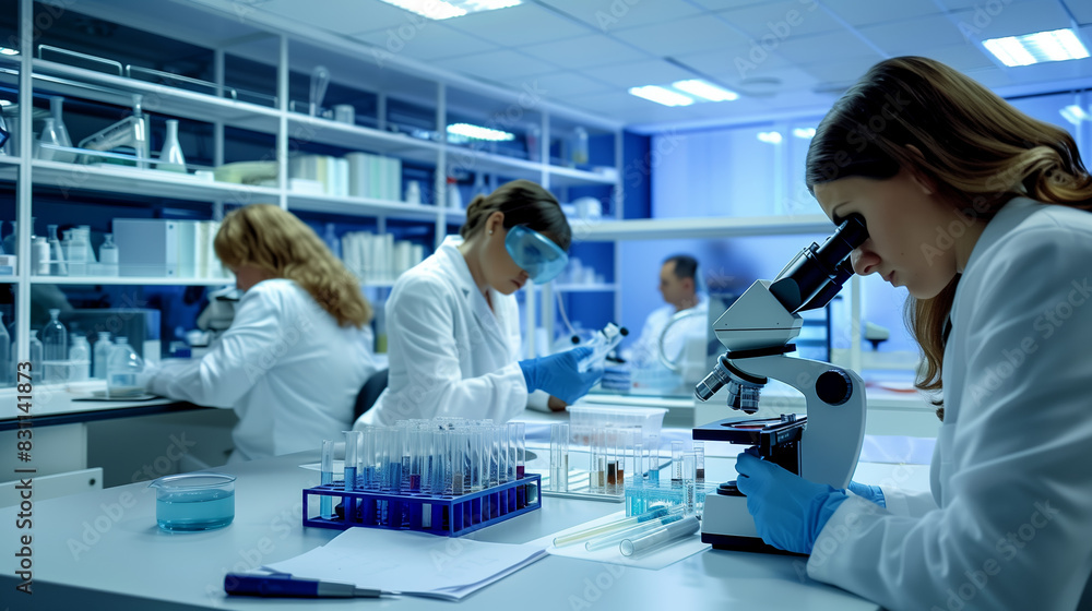 Scientists conducting experiments in a modern laboratory with microscopes and test tubes Scientists conducting experiments in a modern laboratory with microscopes and test tubes