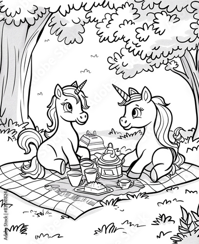 Cute unicorns on family picnic. Coloring book page.