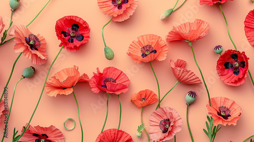 Fototapeta Naklejka Na Ścianę i Meble -  Peach backdrop with crimson and coral poppies for a lively pattern in nature-inspired wallpapers,