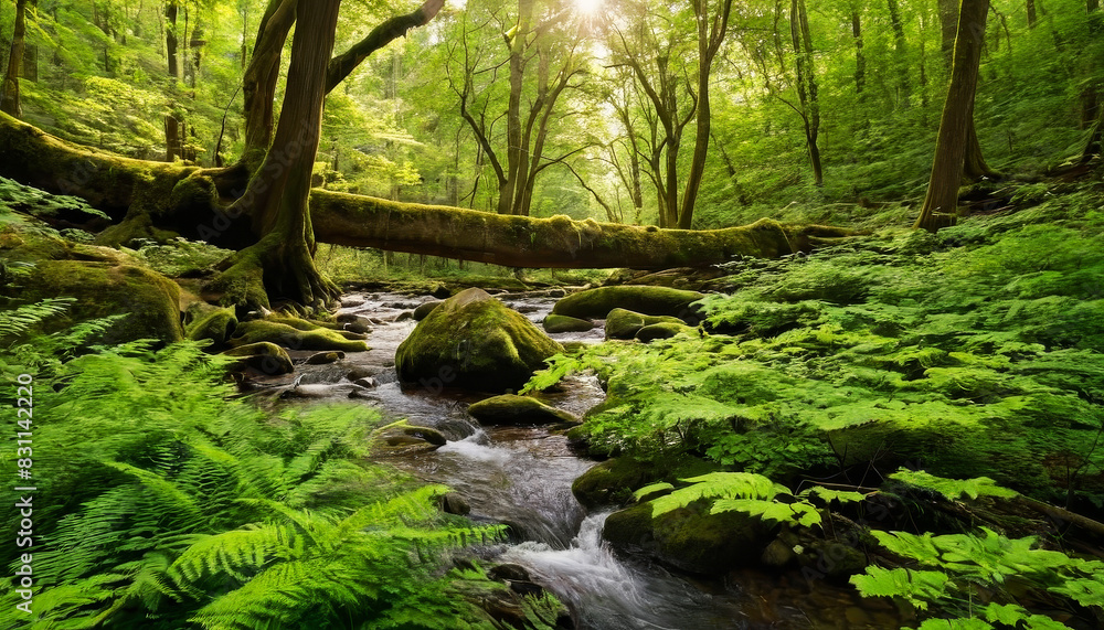 Fototapeta premium A stream flows gently through a dense green forest, surrounded by lush vegetation and towering trees