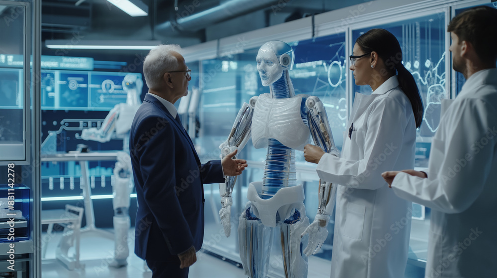 Engineers and businesspeople discussing new robot technology in a modern laboratory setting Engineers and businesspeople discussing new robot technology in a modern laboratory setting