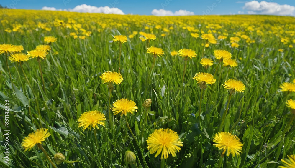 A field covered in yellow dandelions under a clear blue sky