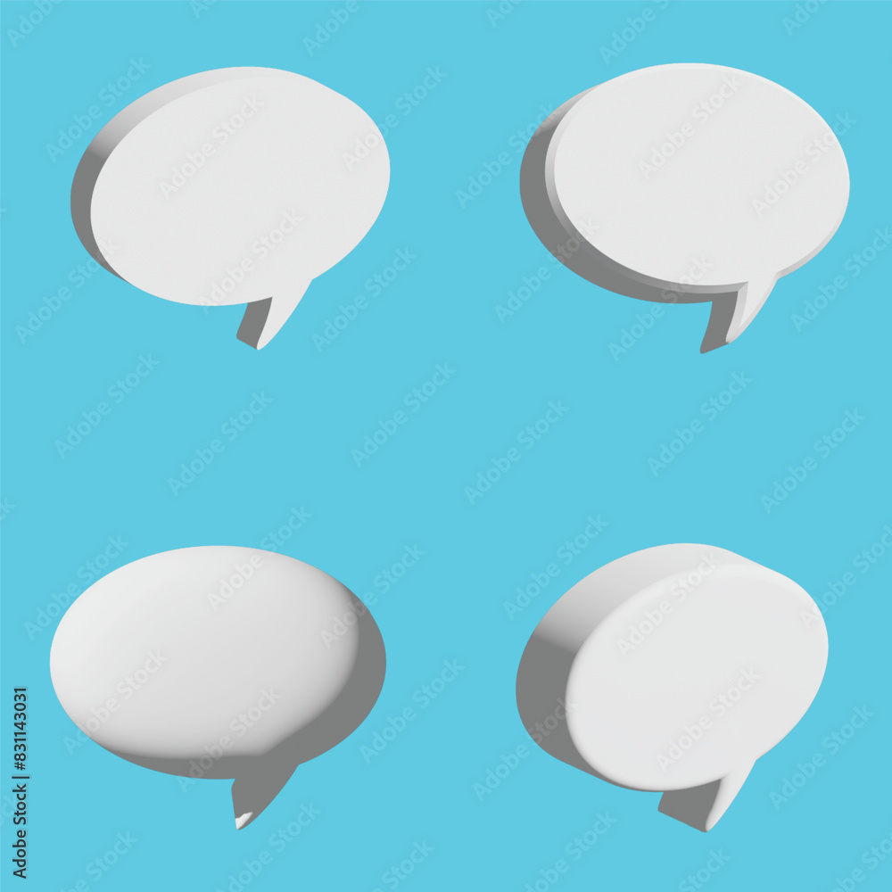 Set of four 3D speech bubble icons, isolated on blue background. 3D Chat icon set. Set of 3d speak bubble. Chatting box, message box. Web Vector Illustrations. Chat icon set. Balloon 3d style. Set of four 3D speech bubble icons, isolated on blue background. 3D Chat icon set. Set of 3d speak bubble. Chatting box, message box. Web Vector Illustrations. Chat icon set. Balloon 3d style.