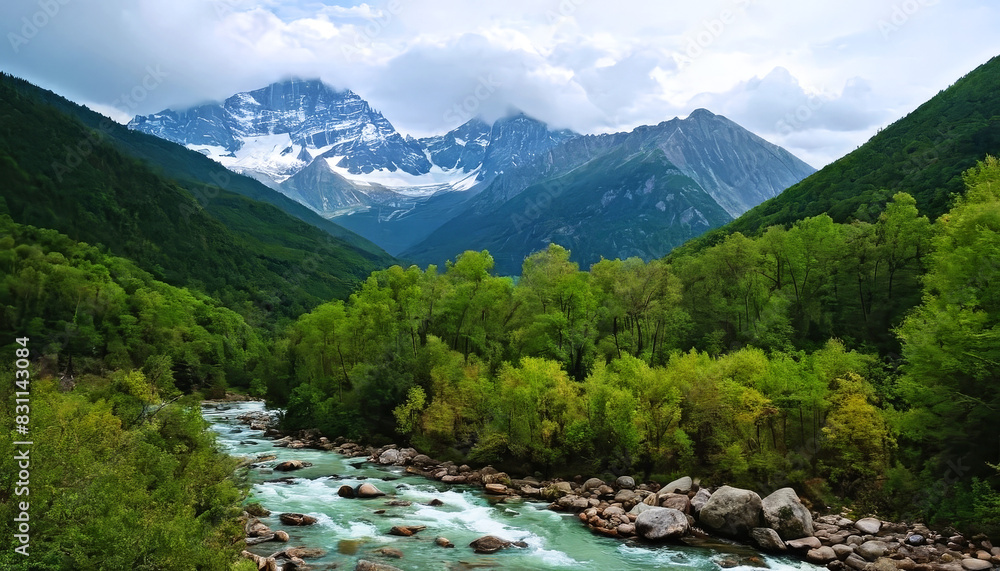 A river flows through a dense green forest, surrounded by vibrant foliage and towering trees A river flows through a dense green forest, surrounded by vibrant foliage and towering trees