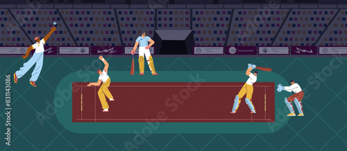 Cricket championship sport game at the stadium vector illustration, cartoon cricket players in uniform with bat or ball