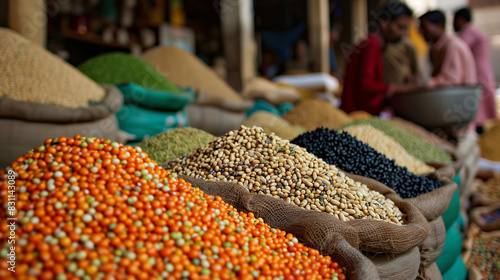 A variety of grains and pulses in sacks at a market, showcasing vibrant colors and diversity © Elena