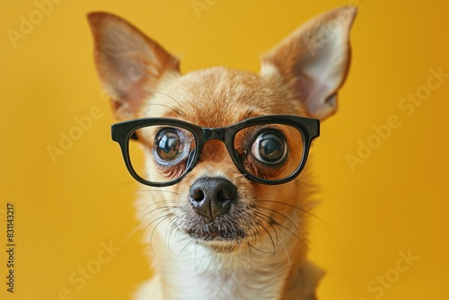 Puppy glasses yellow background photo