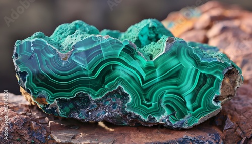 Malachite is a copper carbonate hydroxide mineral. It has a distinctive green color and is often used as an ornamental stone. photo