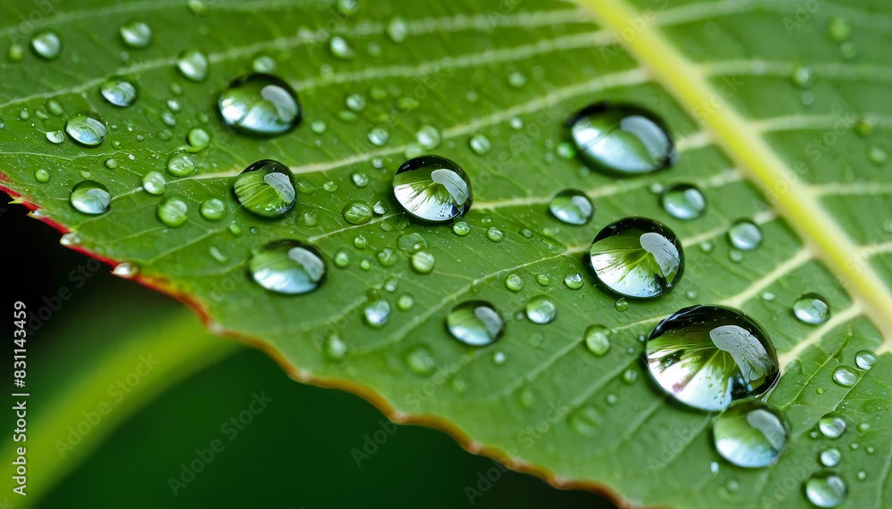 A green leaf covered in water droplets A green leaf covered in water droplets