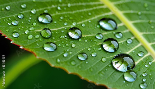 A green leaf covered in water droplets