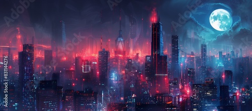 Concept art of a sci-fi cityscape in the style of cyberpunk with neon lights and tall buildings featuring red