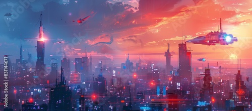 concept art of a sci-fi cityscape, with tall buildings and spaceships in the sky, red