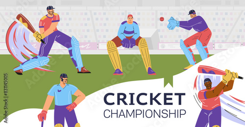 Vector illustrations of the cricket championship: stadium, players in uniform with bat, ball, helmet