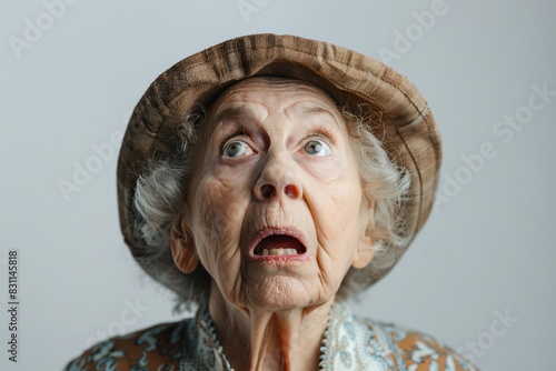 Elderly woman in hat gazing upward photo