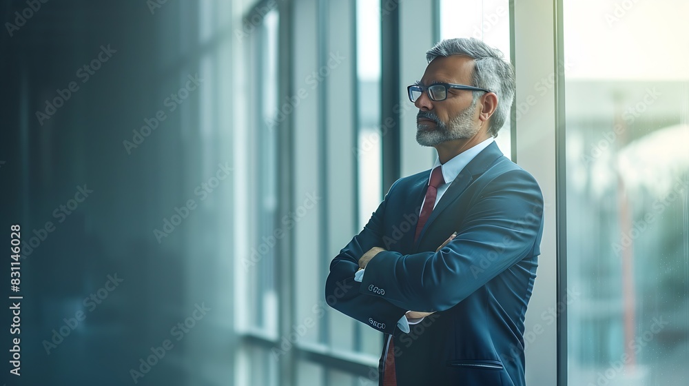 Happy proud prosperous mid aged mature professional business man ceo executive wearing suit standing in office arms crossed looking away thinking of success leadership and growth verti : Generative AI Happy proud prosperous mid aged mature professional business man ceo executive wearing suit standing in office arms crossed looking away thinking of success leadership and growth verti : Generative AI