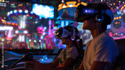 Two people playing virtual reality games The background is a colorful and brightly lit arcade game. Entertainment or arcade games Both of them wear VR glasses. © Lucas
