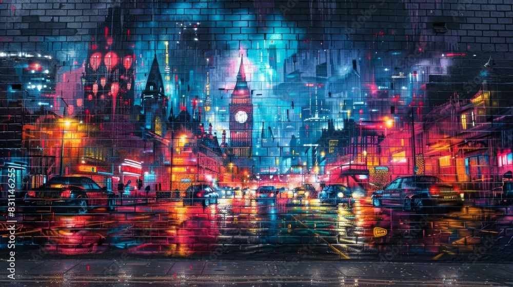 Fototapeta premium Bold Graffiti-Style Mural of Bustling Cityscape at Twilight