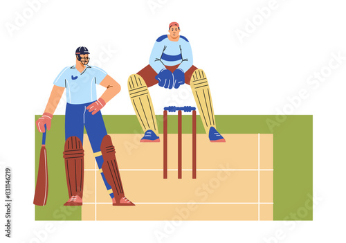 Cricket gameplay with characters on the field. Flat vector illustration.