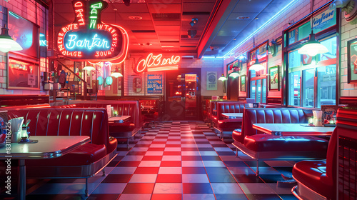 A retro-inspired diner scene with neon signs, checkered floors, and red vinyl booths, evoking nostalgia for the 1950s
