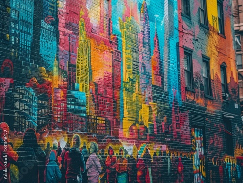 Wallpaper Mural Bold Graffiti-Style Mural of Lively Street Scene with Diverse Prayer Gathering

 Torontodigital.ca