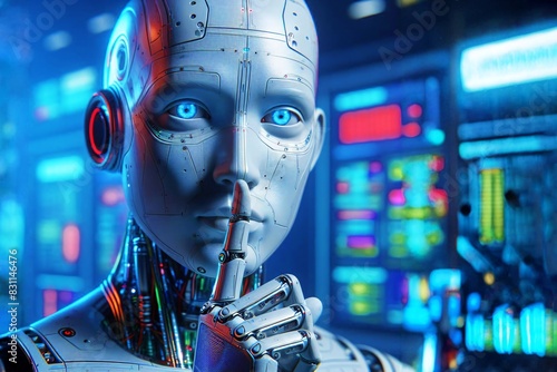 Artificial intelligence ai robot finger lips keep silence secret shut up hush