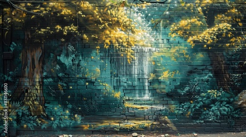 Bold Graffiti-Style Mural of Serene Forest with Hidden Waterfall