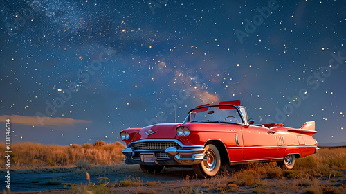 A classic car parked in front of a drive-in theater screen  under a sky filled with stars  reflecting mid-20th century Americana