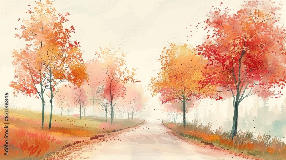 Pastel background of a quiet country road lined with colorful autumn trees. Pastel background of a quiet country road lined with colorful autumn trees.
