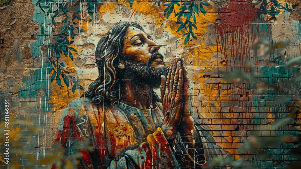 Bold Graffiti-Style Mural of Jesus in Prayer at Gethsemane
Bold Graffiti-Style Mural of Jesus in Prayer at Gethsemane