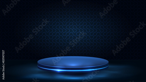 Minimalistic background with a podium for products in blue tones.