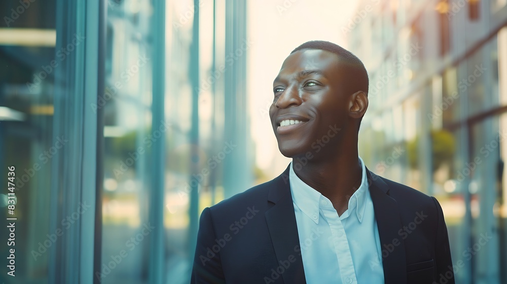 Naklejka premium Young african american entrepreneur man leaving business center building after work looking away and smiling copy space Business people and successful career concept : Generative AI