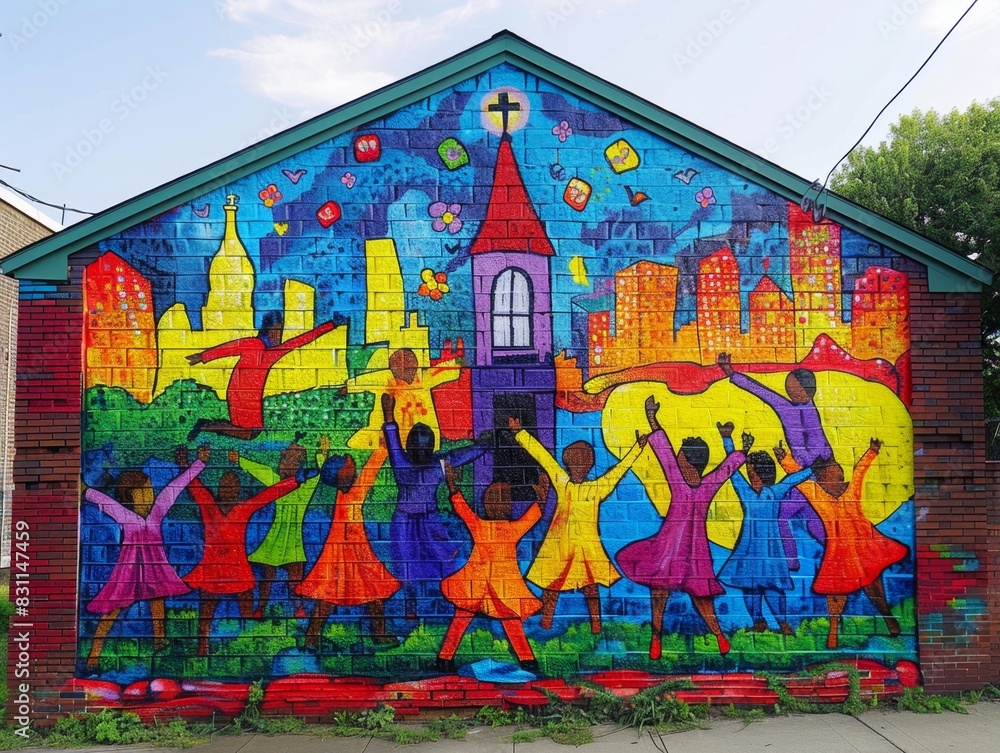 Bold Graffiti-Style Mural of Vibrant Sunday Service Outside City Church

