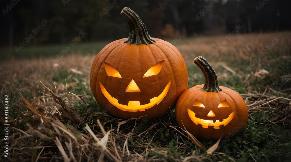 Two halloween pumpkins on autumn meadow, one big and one small.halloween season. Two halloween pumpkins on autumn meadow, one big and one small.halloween season.