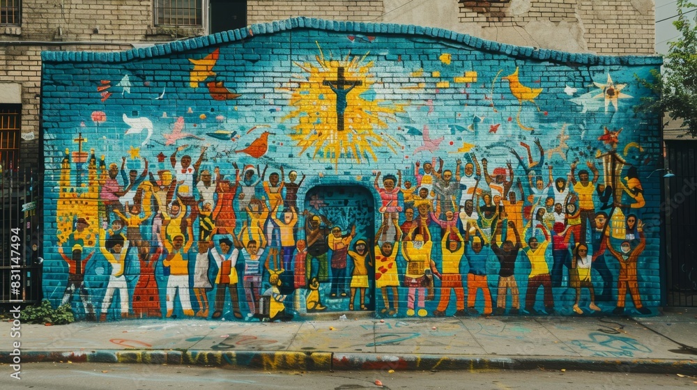 Bold Graffiti-Style Mural of Vibrant Sunday Service Outside City Church