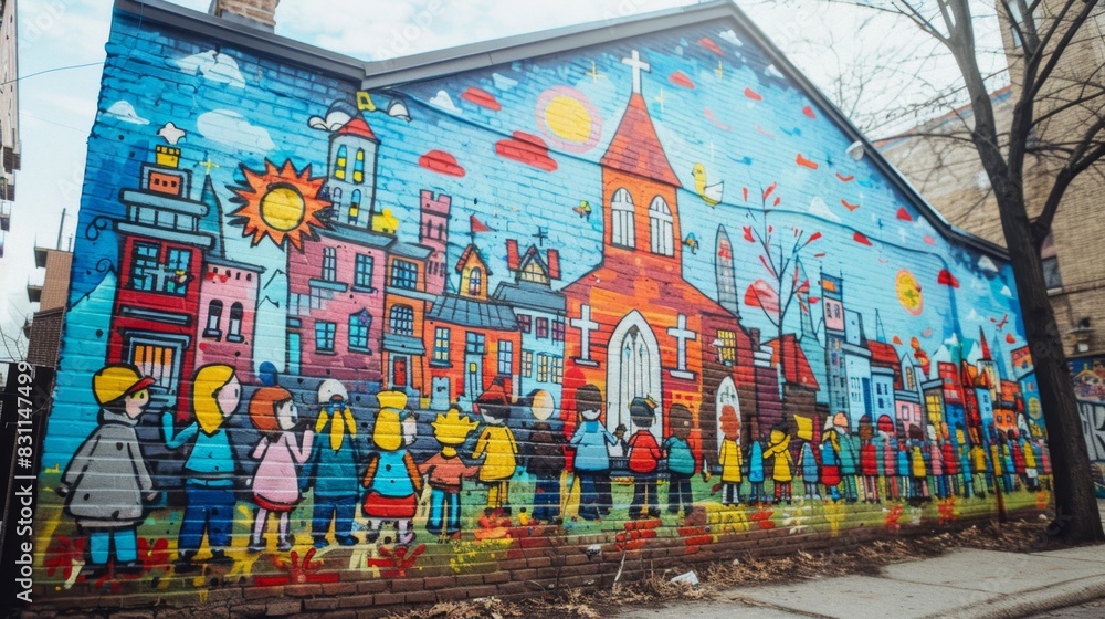 Bold Graffiti-Style Mural of Vibrant Sunday Service Outside City Church

