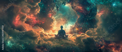 Persona Meditando en el Universo Cósmico: Ilustración de Fantasía con Nebulosas Coloridas y Estrellas, Arte Digital de Alta Resolución, Elementos Surrealistas y Colores Vibrantes photo