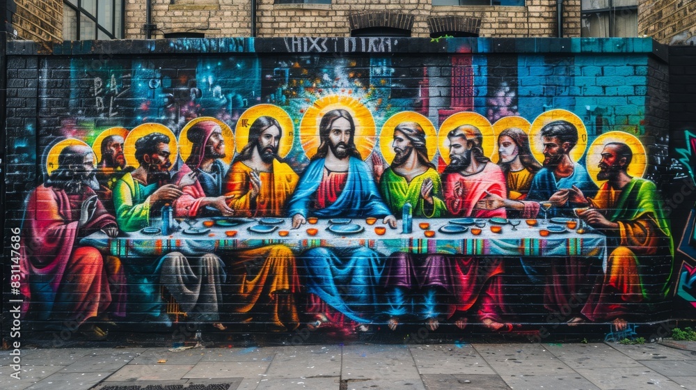 Bold Graffiti-Style Mural of Urban Last Supper with Diverse Disciples