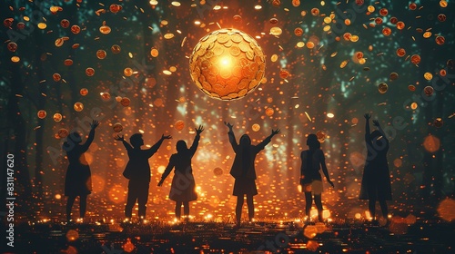 Abstract silhouettes of people with outstretched arms reaching towards a floating sphere made of gold coins, representing the achievement of wealth. Minimal and Simple style © DARIKA