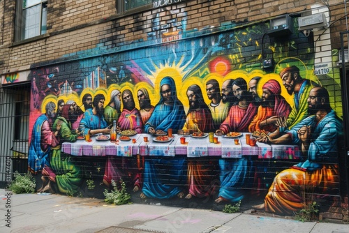 Bold Graffiti-Style Mural of Urban Last Supper with Diverse Disciples

